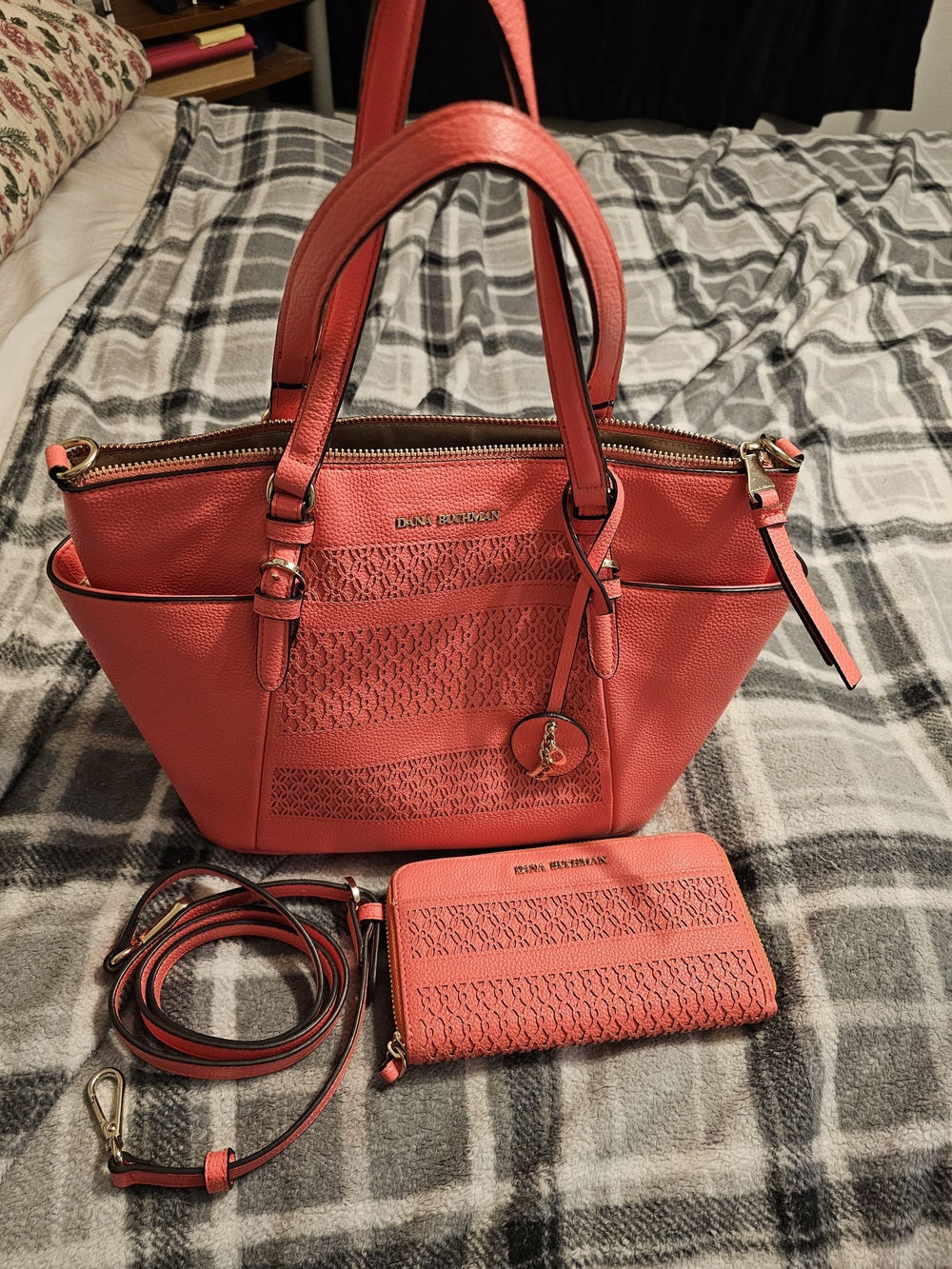 Dana Buchman Coral-Red Textured Tote with Matching Wallet